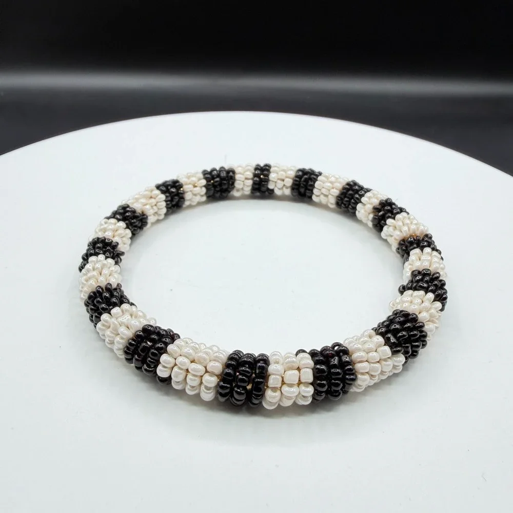 Black White Seed Bead Bangle Bracelet Boho Stretch Statement Handmade Gift Chic
